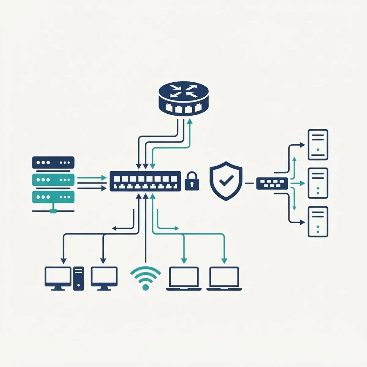 Network topology diagram with router, firewall shield and padlock security icons