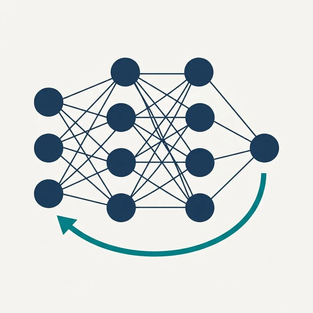 Neural network diagram with layers and a backward arrow representing backpropagation