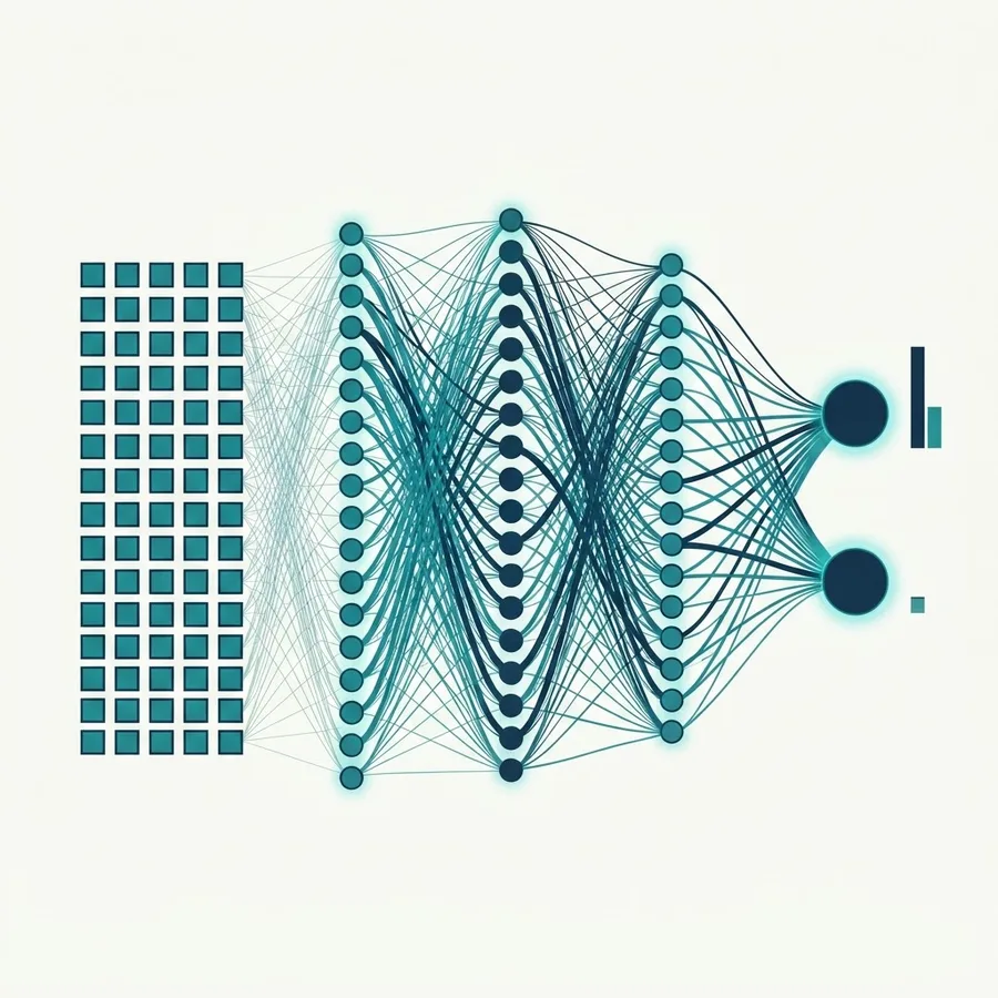 Layered neural network diagram showing weighted connections and a probability output