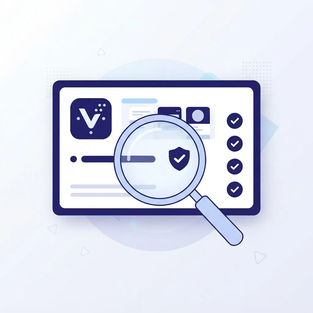 Magnifying glass inspecting an app store developer name and verified badge