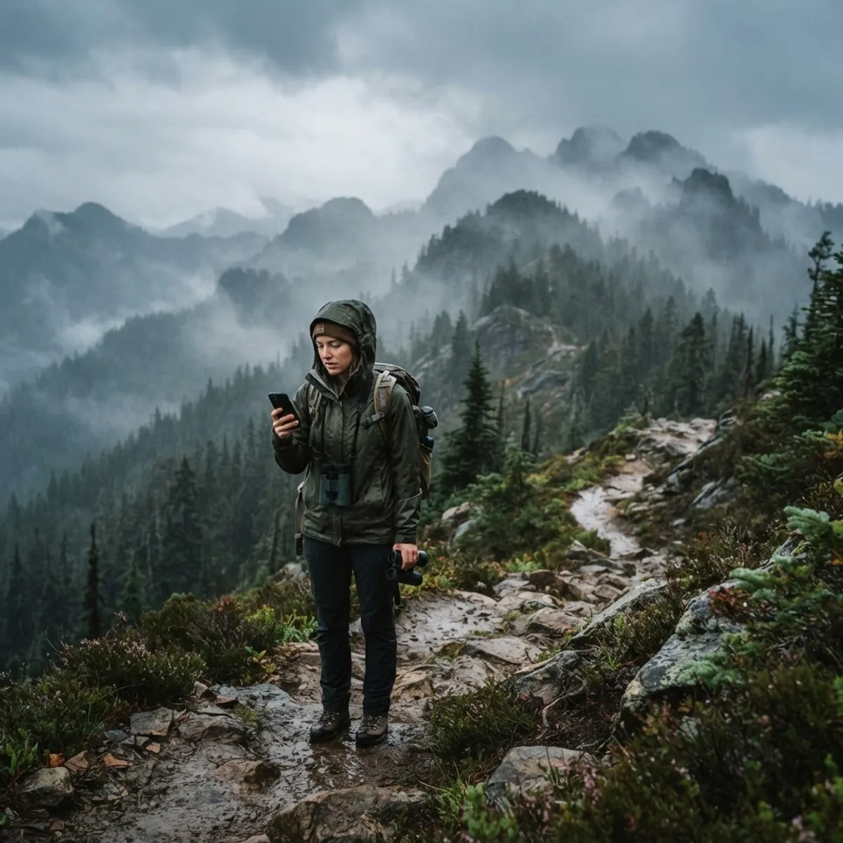 Birder on a remote misty trail checking a phone offline