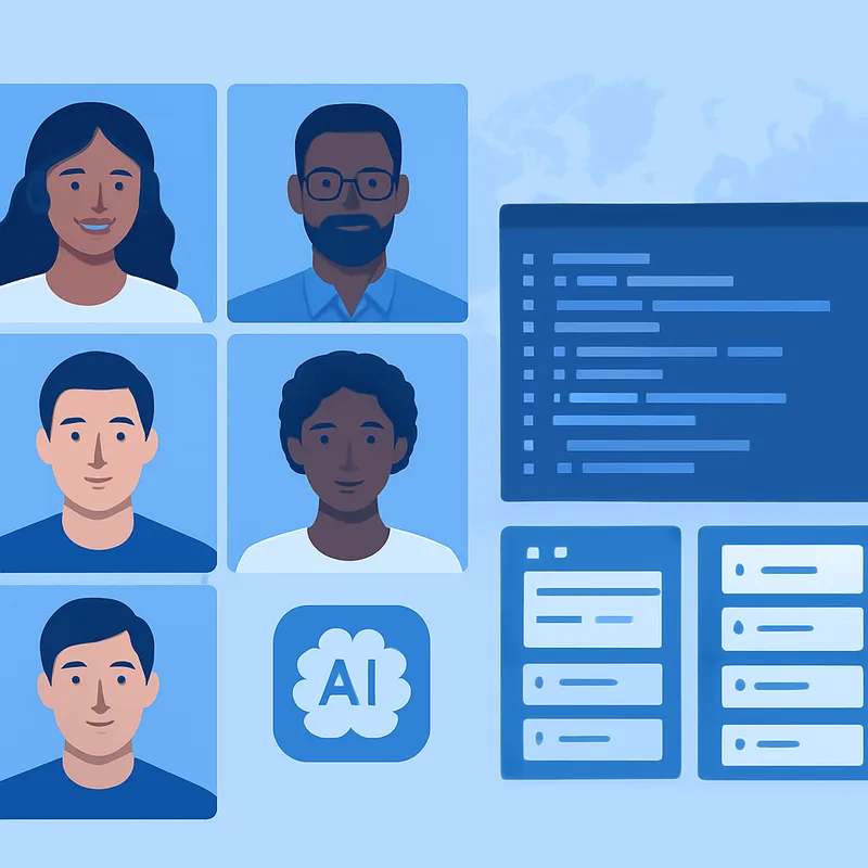 Remote AI team collaborating across time zones on a video call