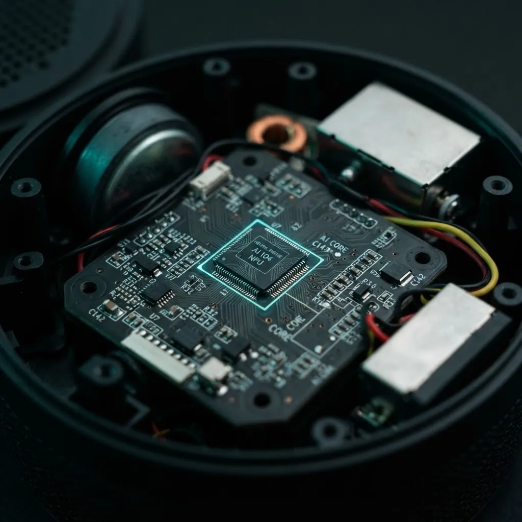 Macro photo of a neural processing chip inside a smart speaker