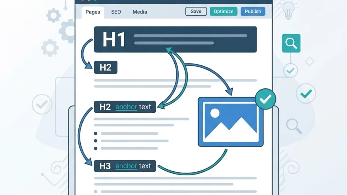On-page optimization workflow with headings, meta tags and internal links