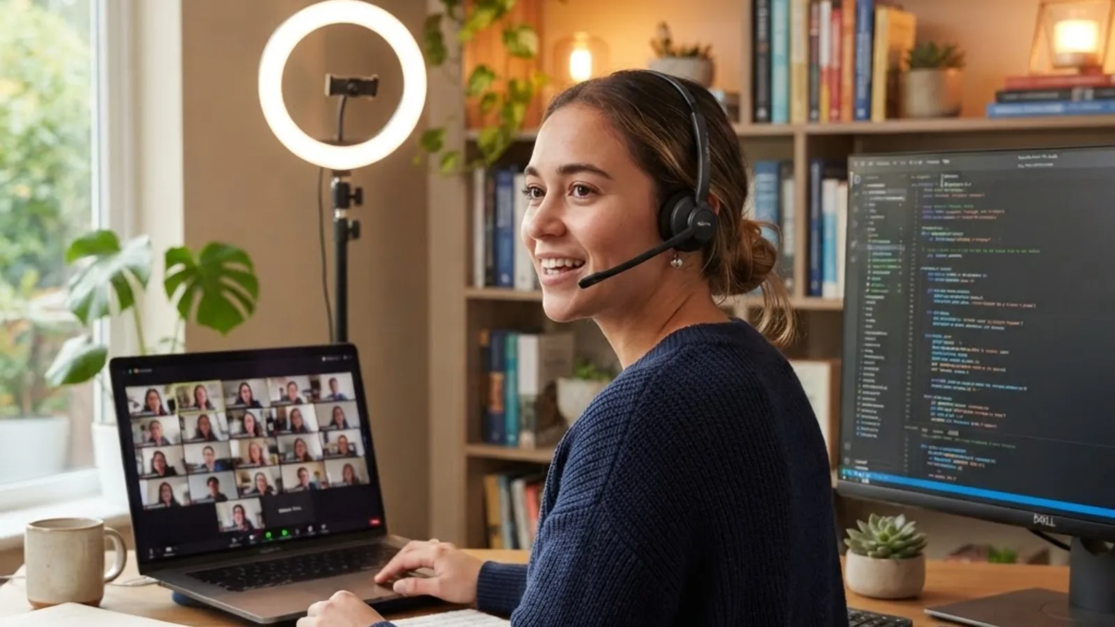 Online computer science instructor teaching students from a home office setup