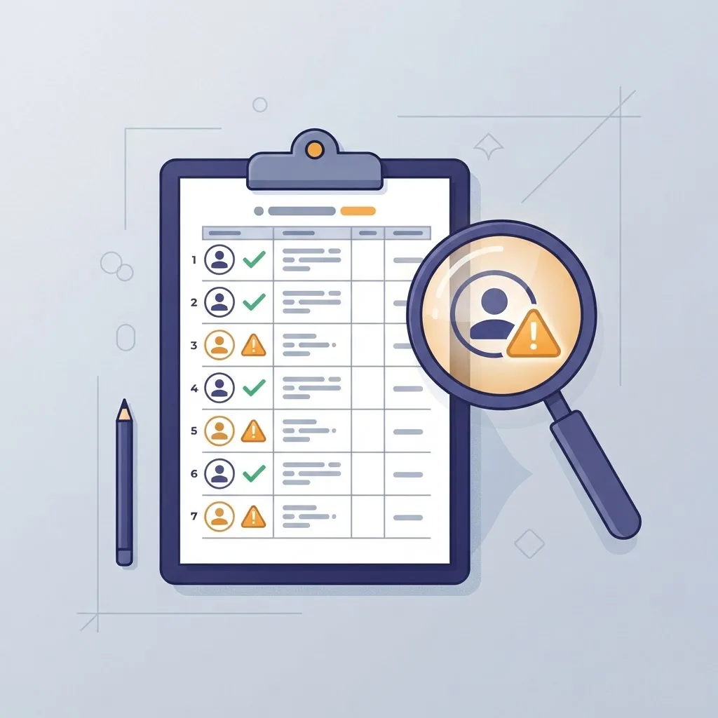 Data audit checklist with magnifying glass inspecting account icons