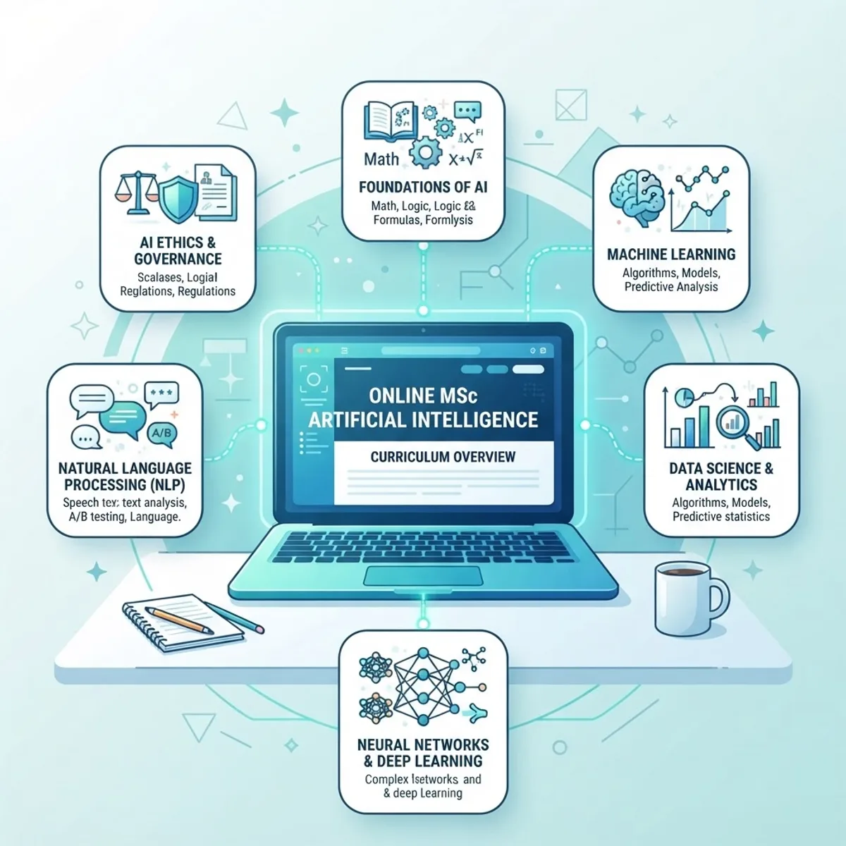 Online MSc Artificial Intelligence curriculum modules around a laptop