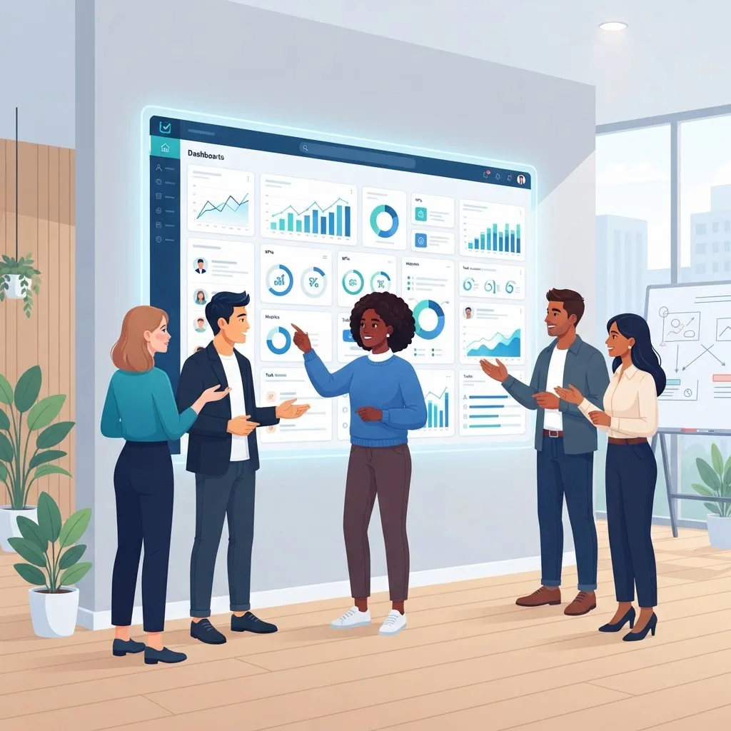 Team collaborating around an organized dashboard