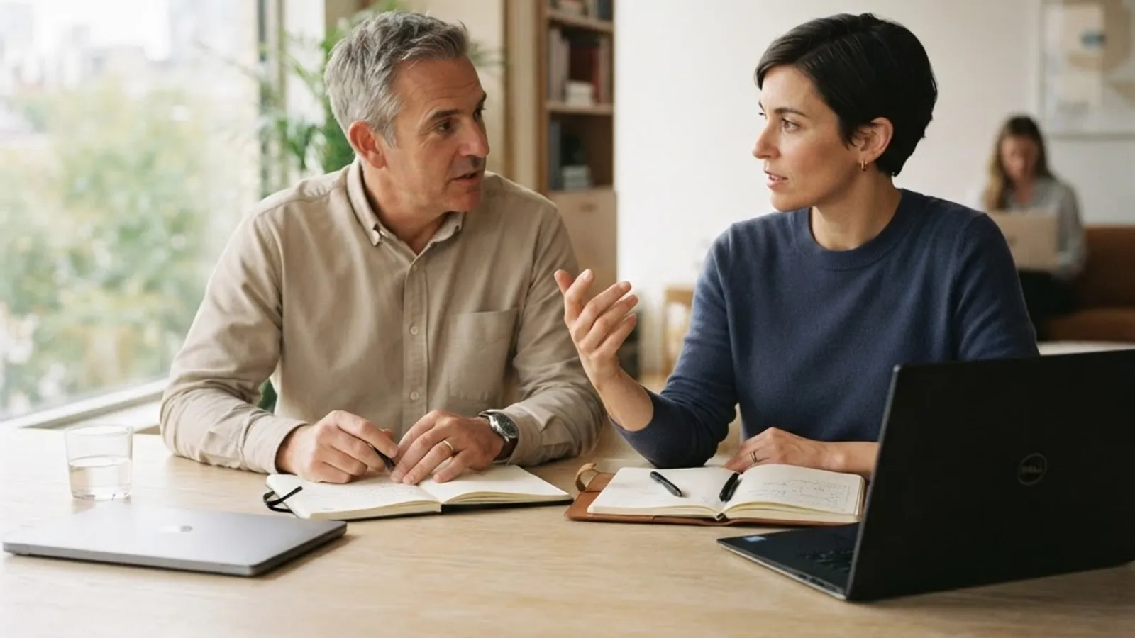 Two professionals in a focused behavioral interview conversation