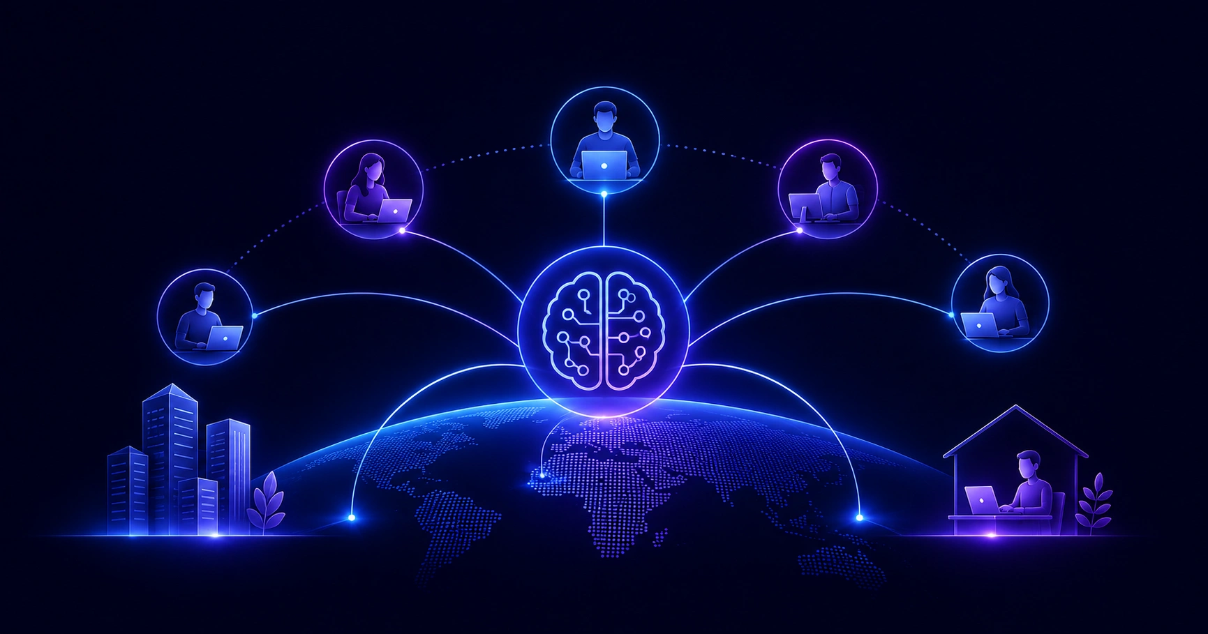 Global network illustration of outsourced AI teams collaborating around a central AI brain