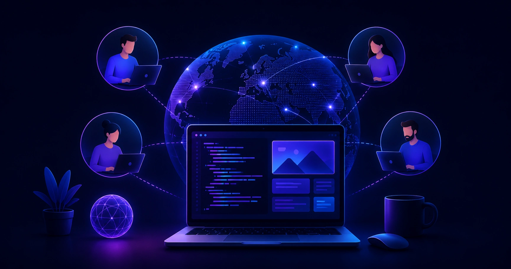 Distributed outsourced website development team collaborating across time zones