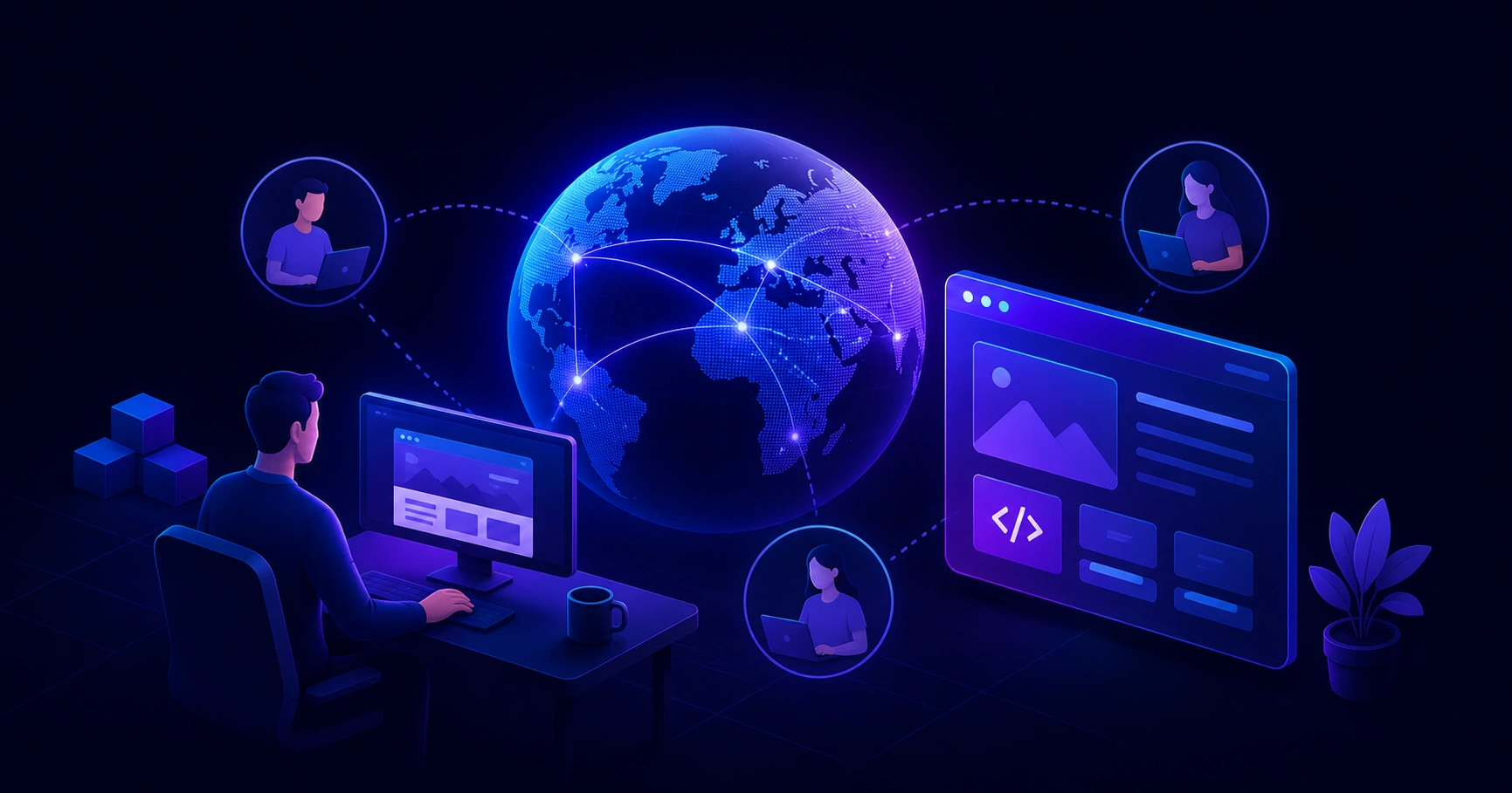 Distributed team collaborating on an outsourced website development project