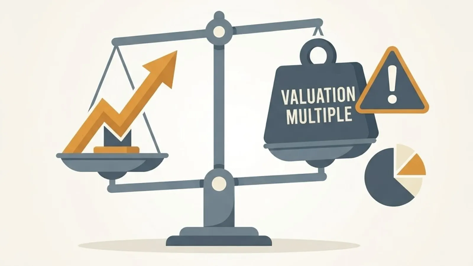 Balance scale weighing a growth arrow against a valuation block with warning icon