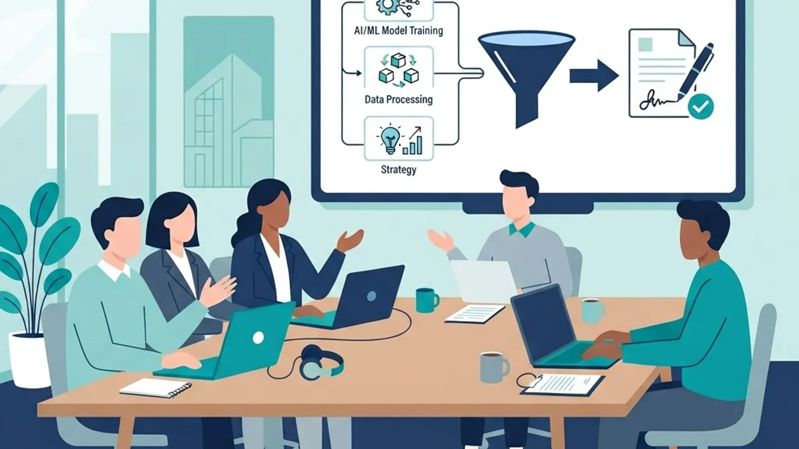 Small team building a workflow in a hands-on AI workshop leading to a signed contract