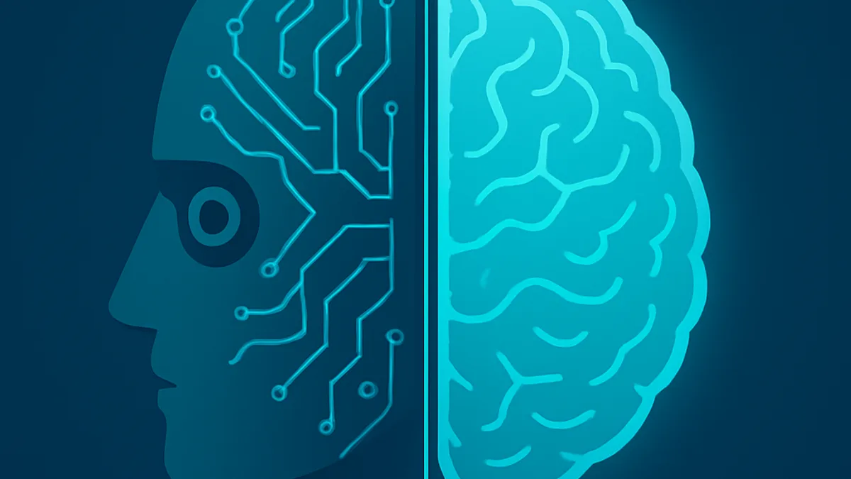 Split illustration comparing an AI robot brain and a glowing human brain