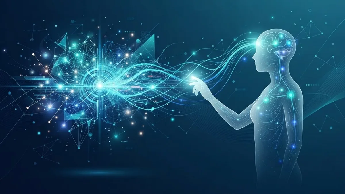 Future of AI network reaching toward a human silhouette