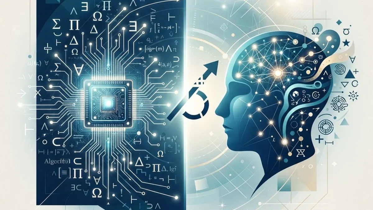 Godel incompleteness theorem symbols contrasted with a computer chip and human mind