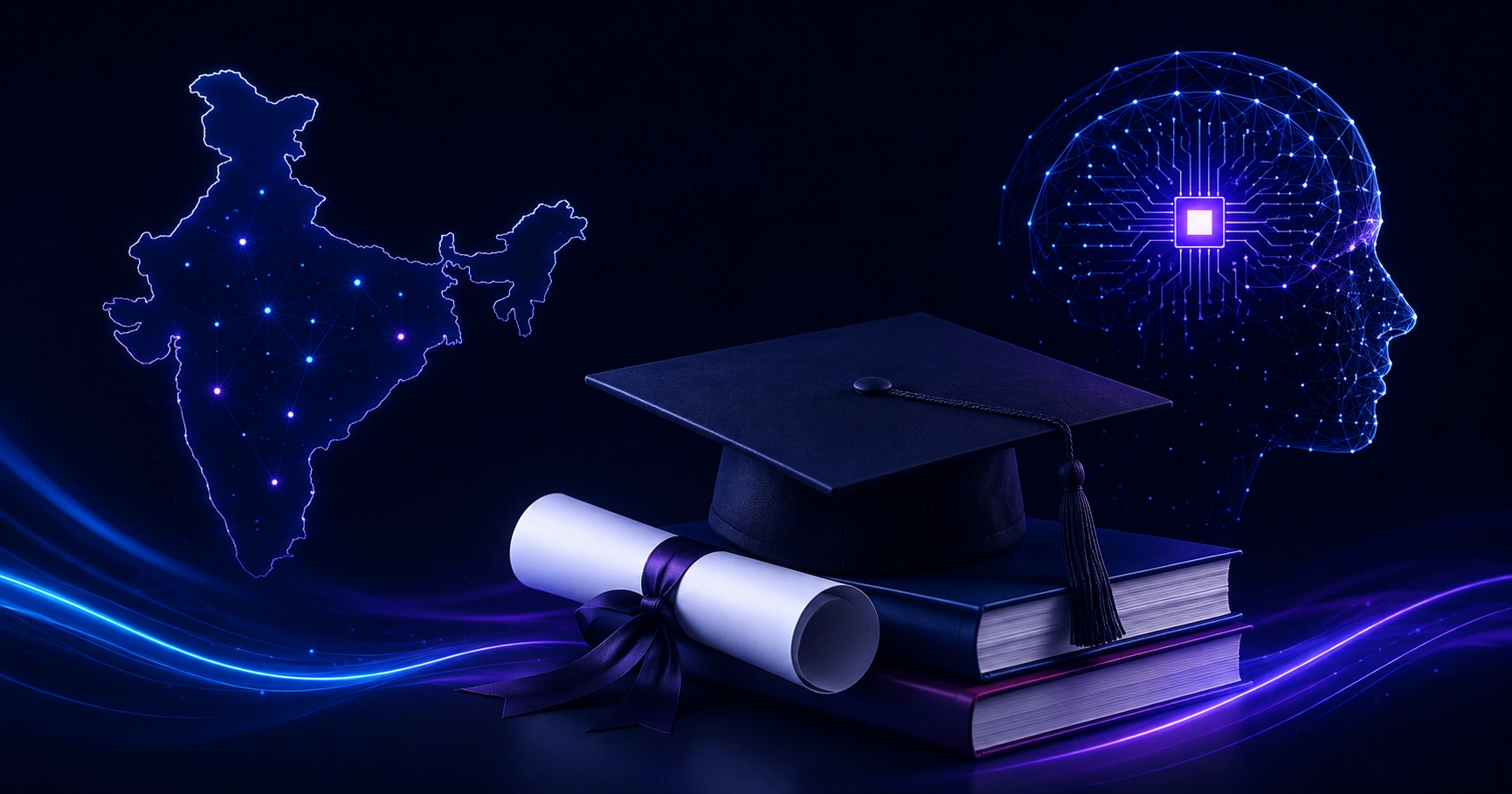 PhD in Artificial Intelligence in India campus and neural network illustration
