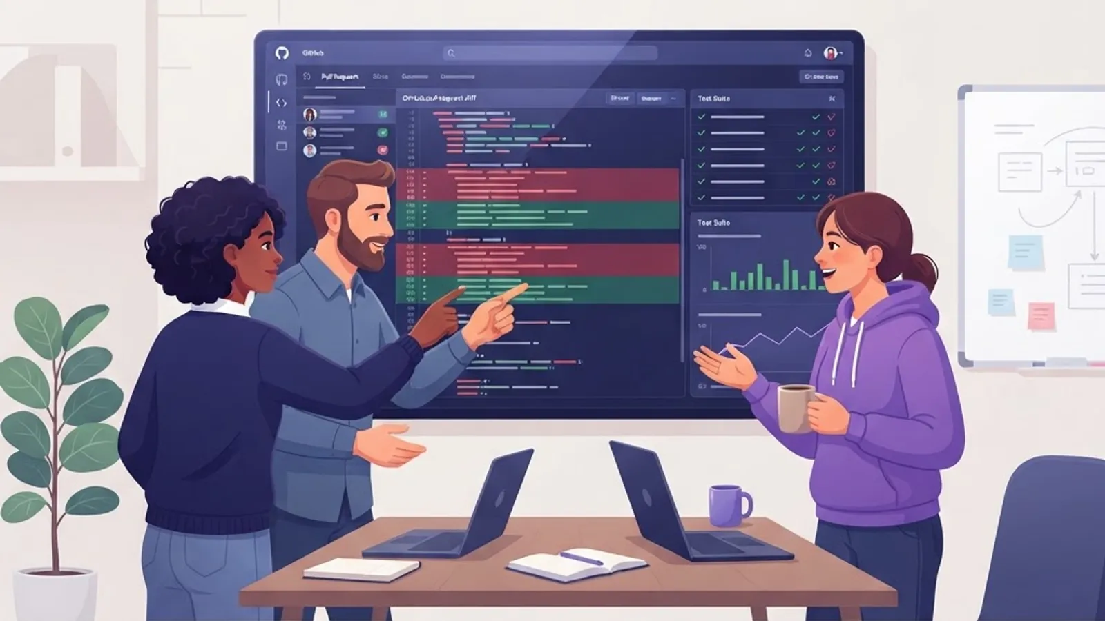 Senior PHP development team reviewing code together