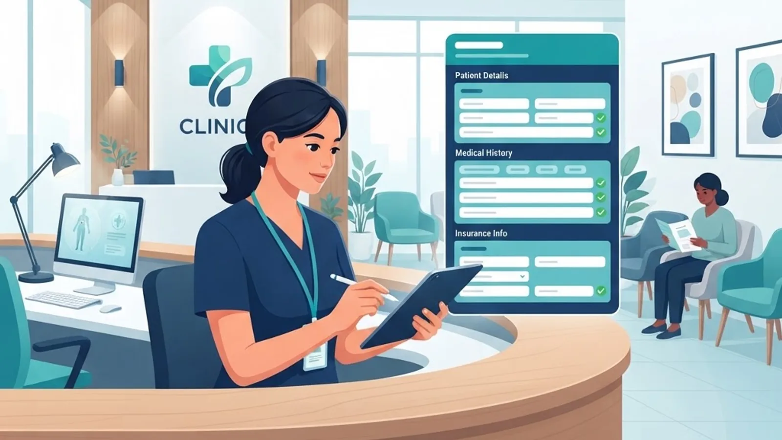 Front desk staff entering structured patient intake data on a tablet