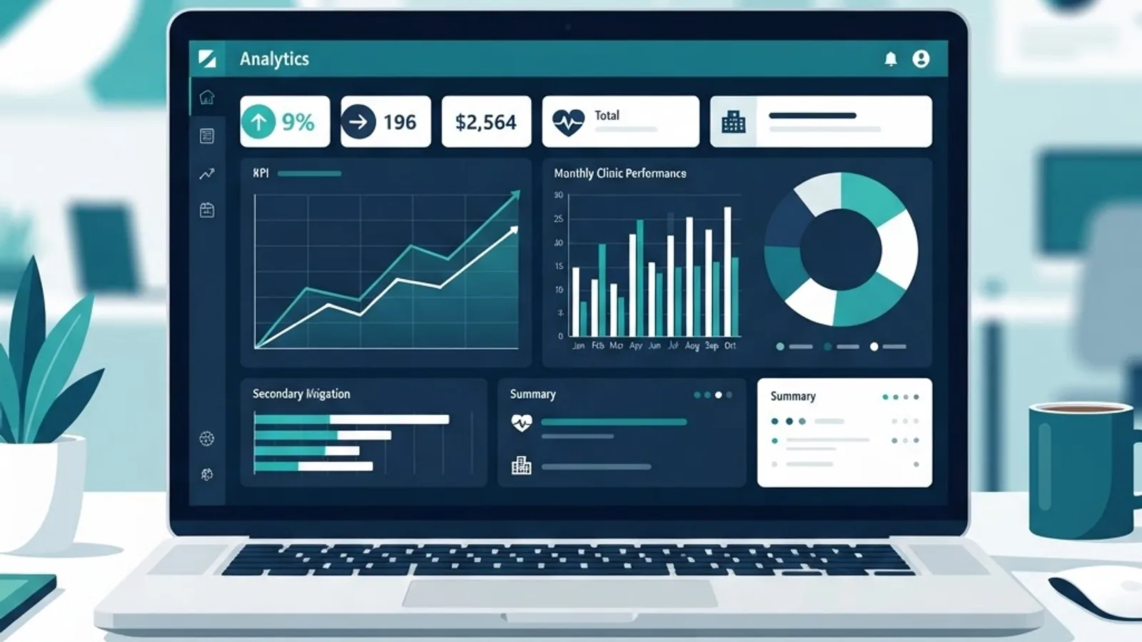 Practice management reporting and analytics dashboard with charts
