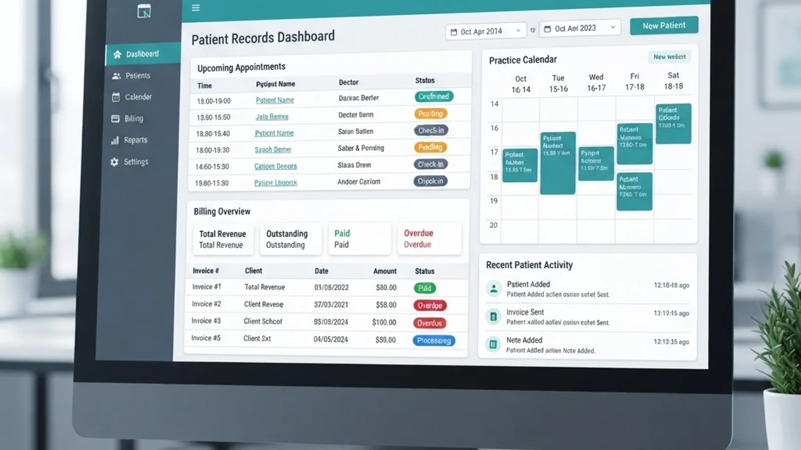 Practice management software records dashboard with patient list and billing status