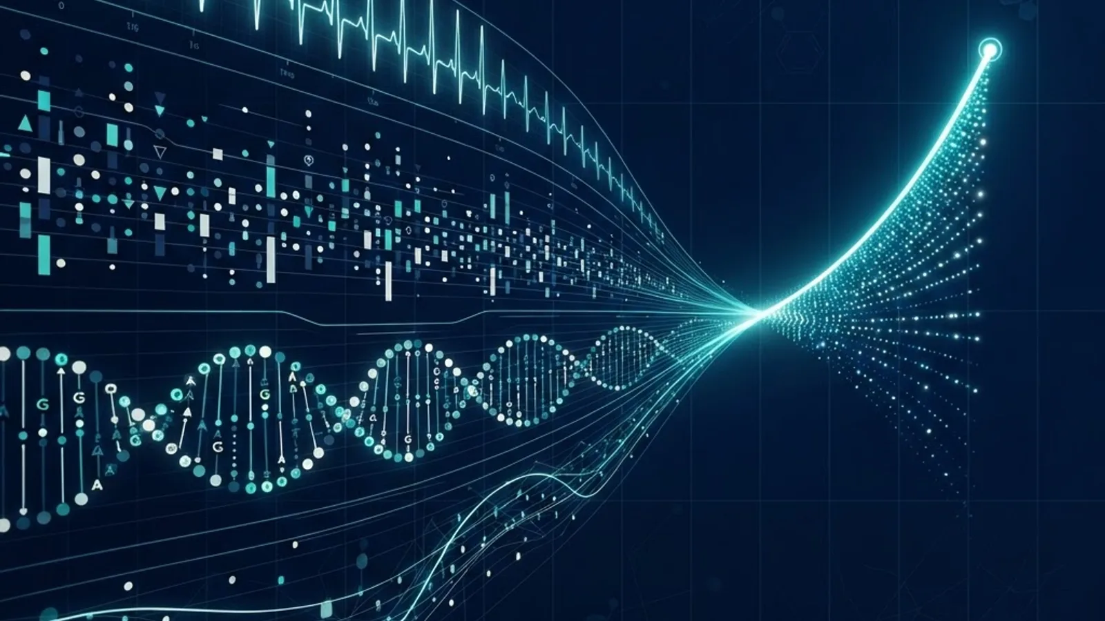 Layered patient data signals converging into a predictive risk curve