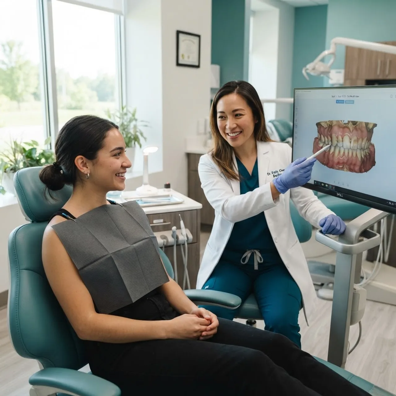 Dentist showing a relaxed patient their 3D digital scan results on a monitor