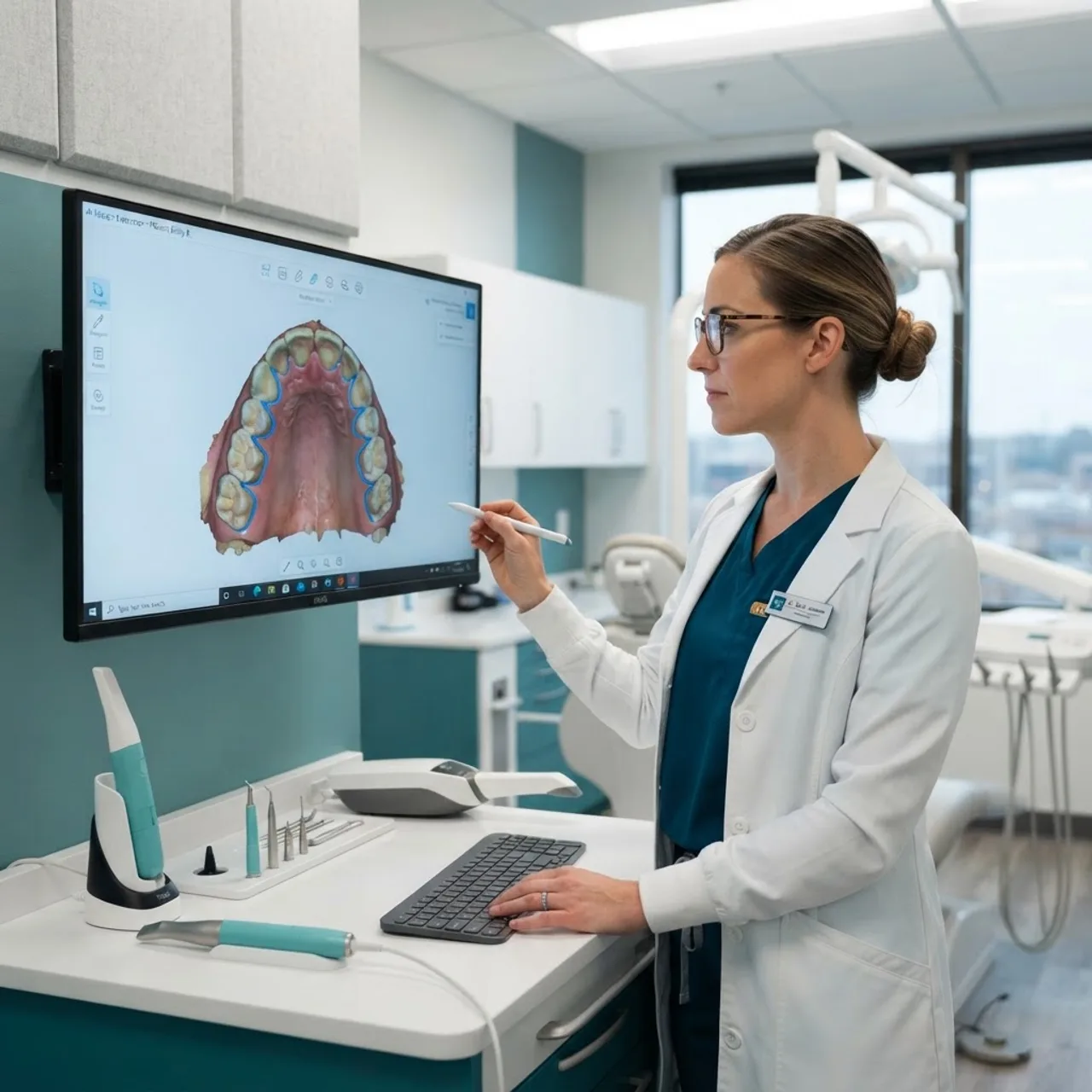 Digital dentistry workflow showing AI processing a 3D dental scan