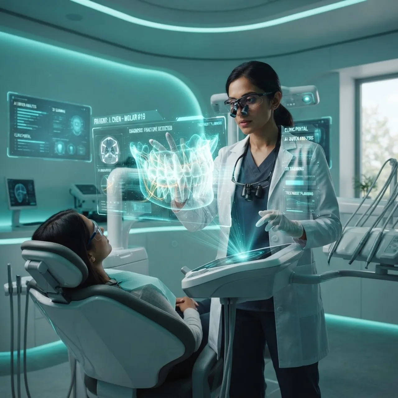 Futuristic dental clinic with holographic AI 3D tooth models and data streams