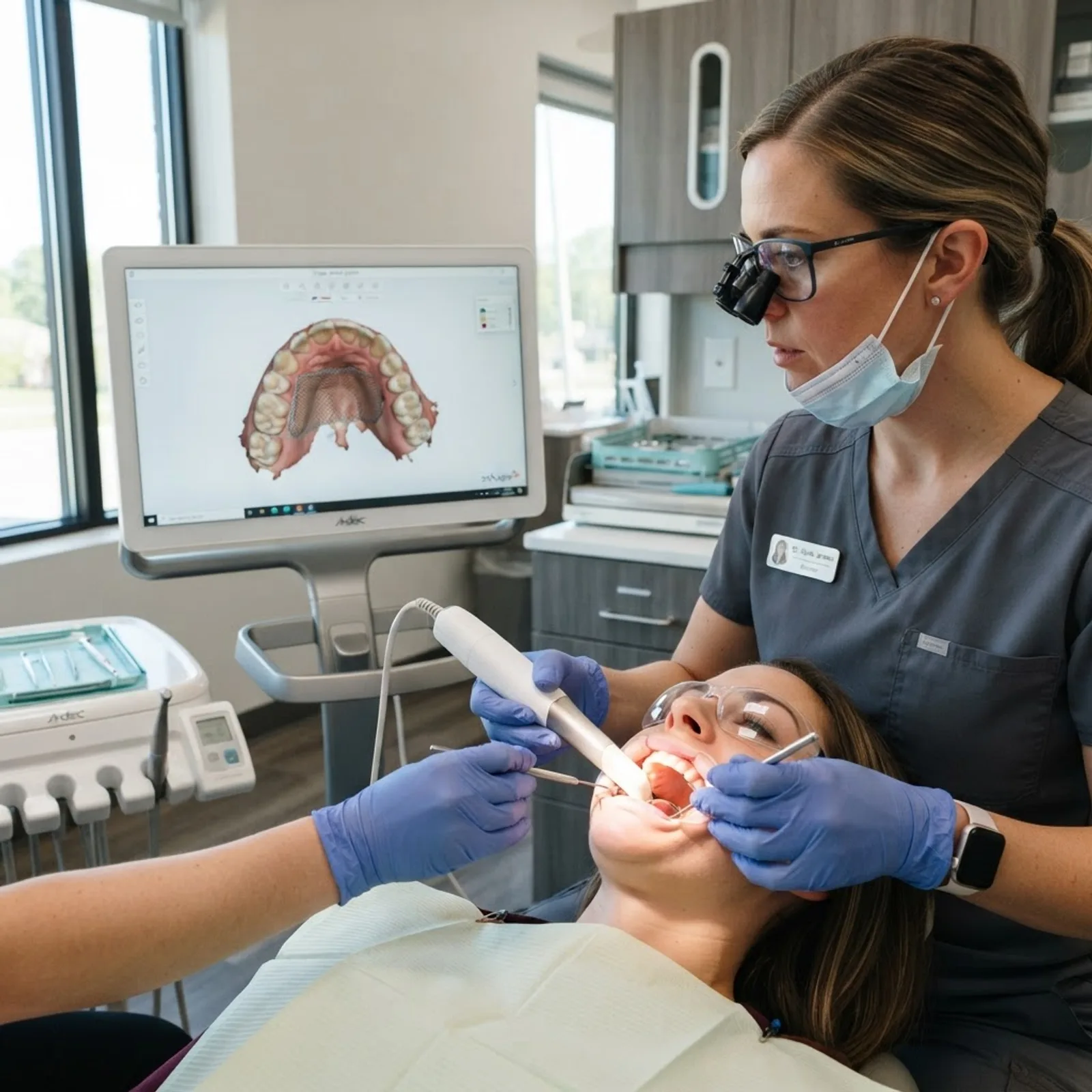 Dentist using Primescan while viewing a chairside monitor