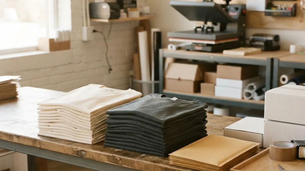 Folded t-shirts, mailers and a heat press in a small fulfillment studio