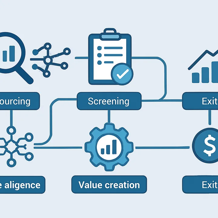 Private equity AI workflow diagram across sourcing diligence and exit