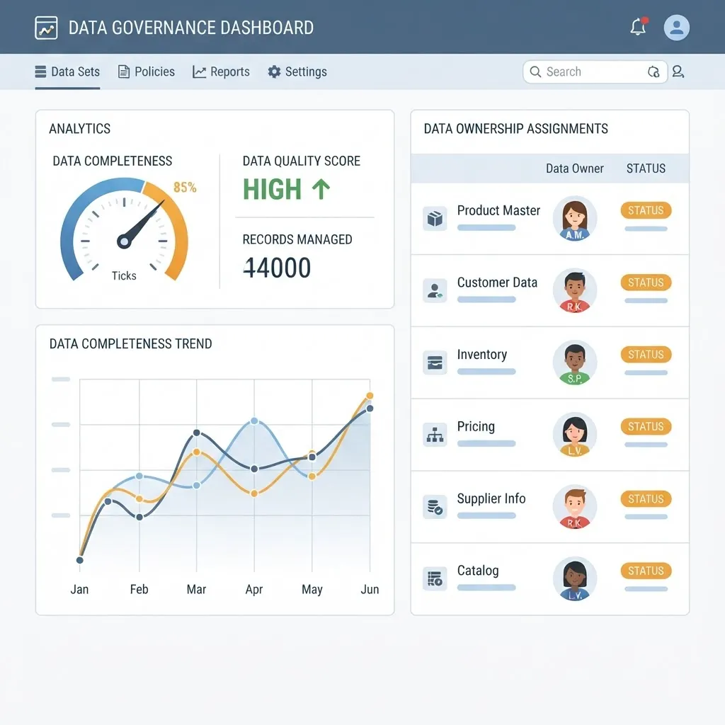 Product data governance dashboard with ownership rows