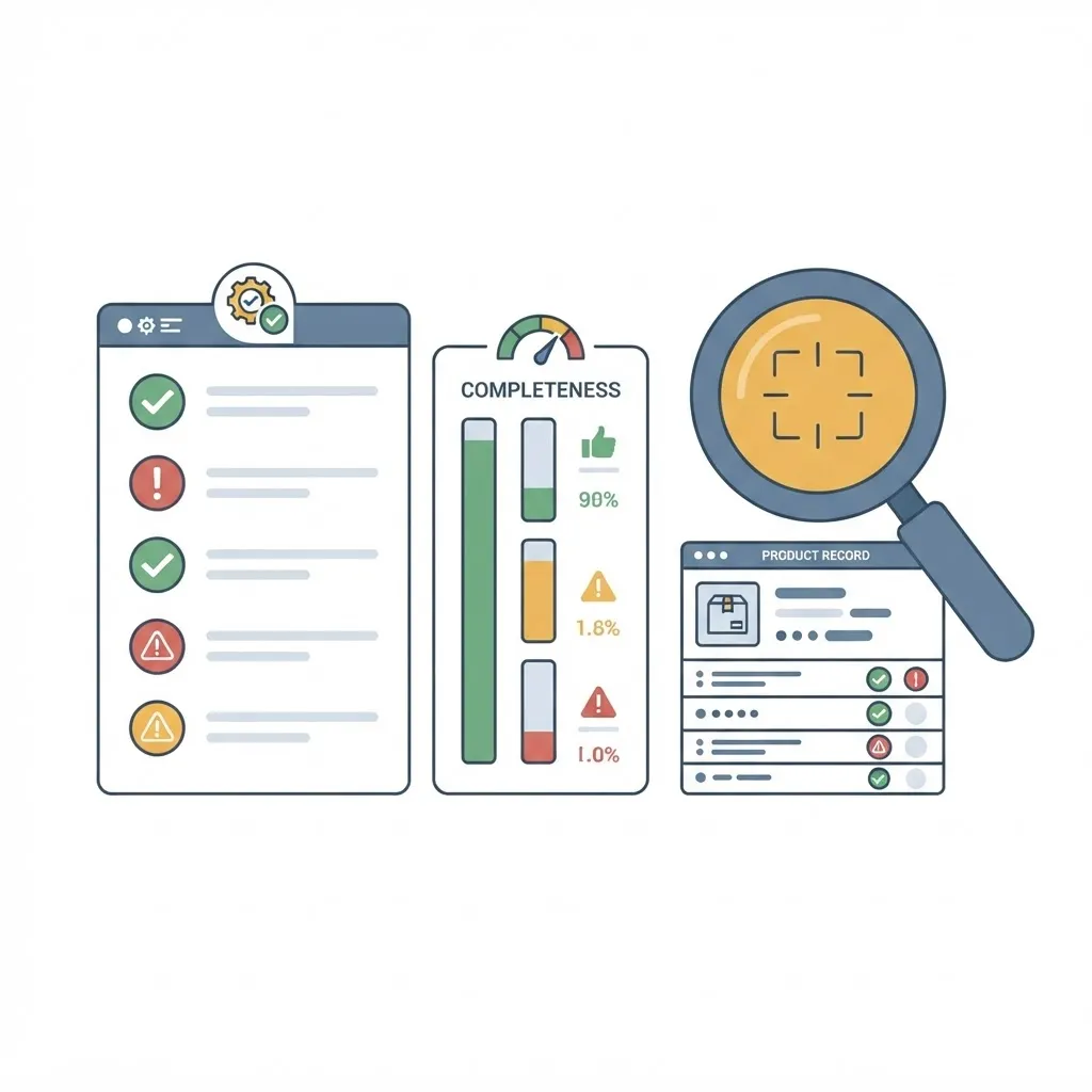 Product data quality audit checklist with completeness meters