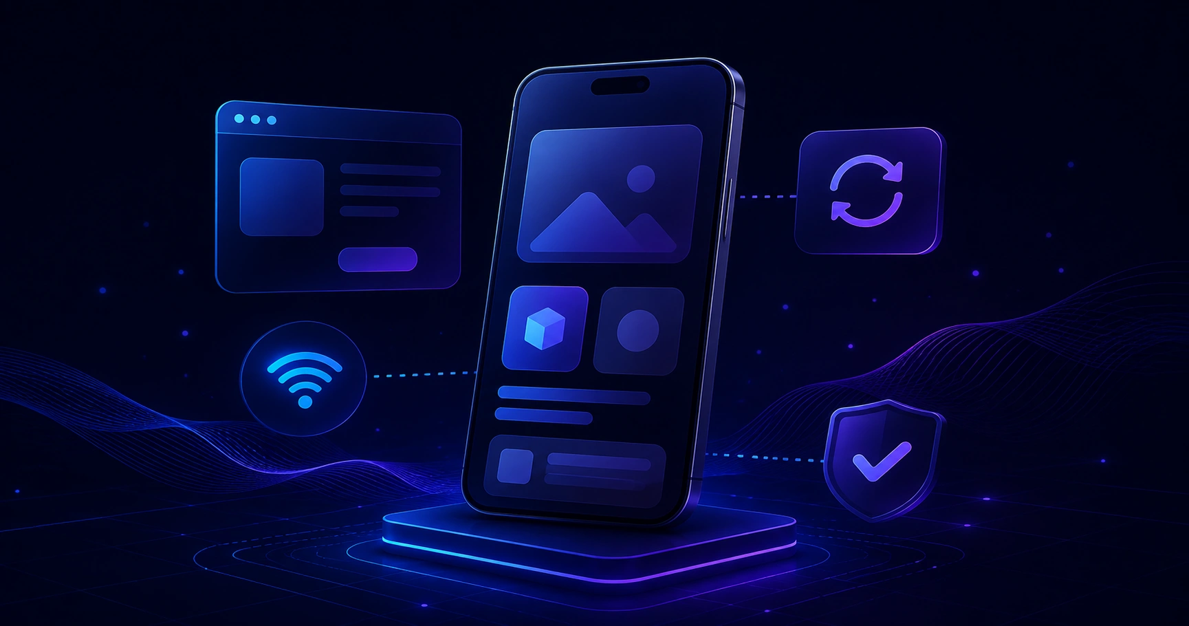 Progressive app development illustration showing one app running on phone and laptop with offline sync