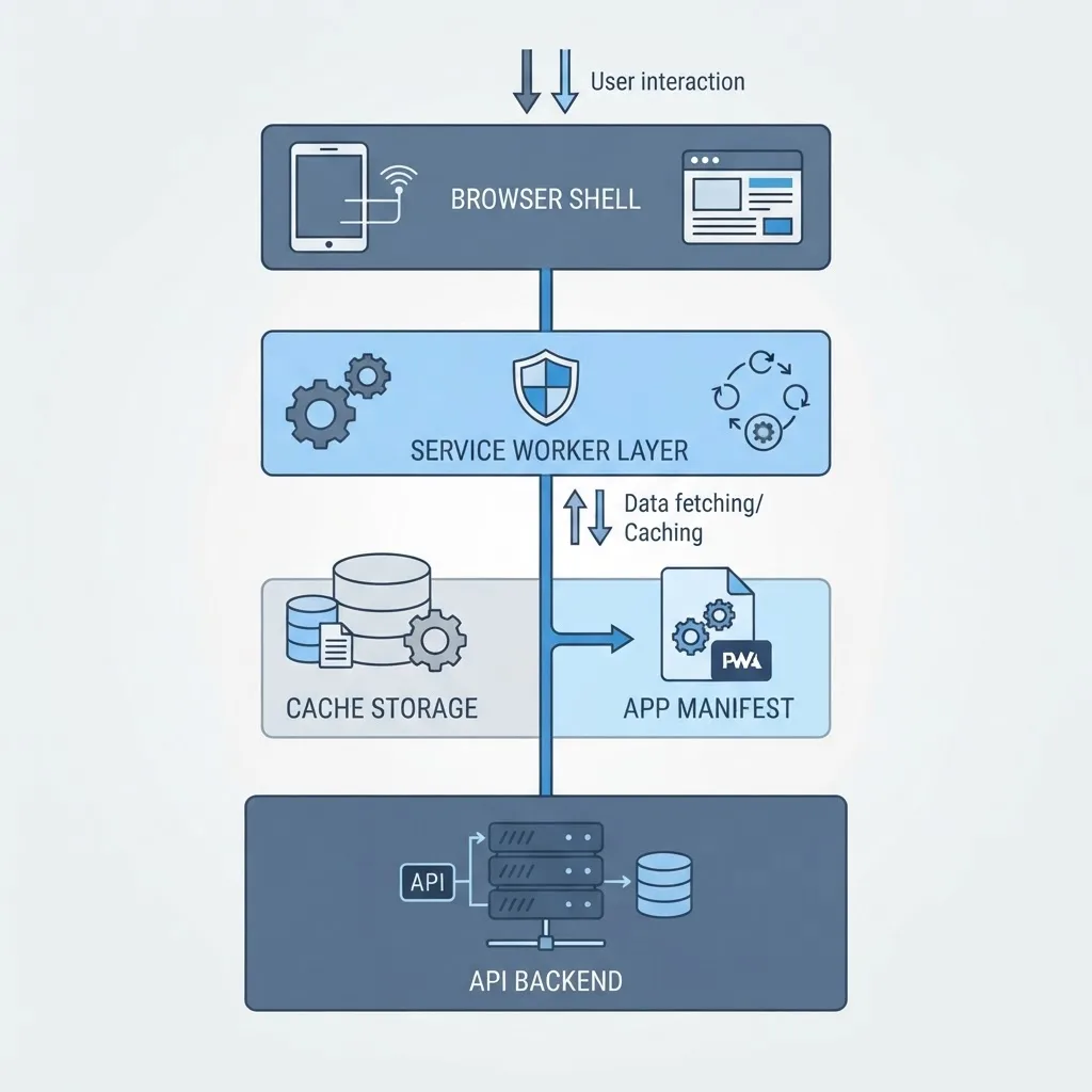 Progressive web app architecture diagram showing shell, service worker, cache and API layers