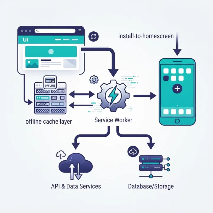 Progressive web application architecture with service worker and offline cache