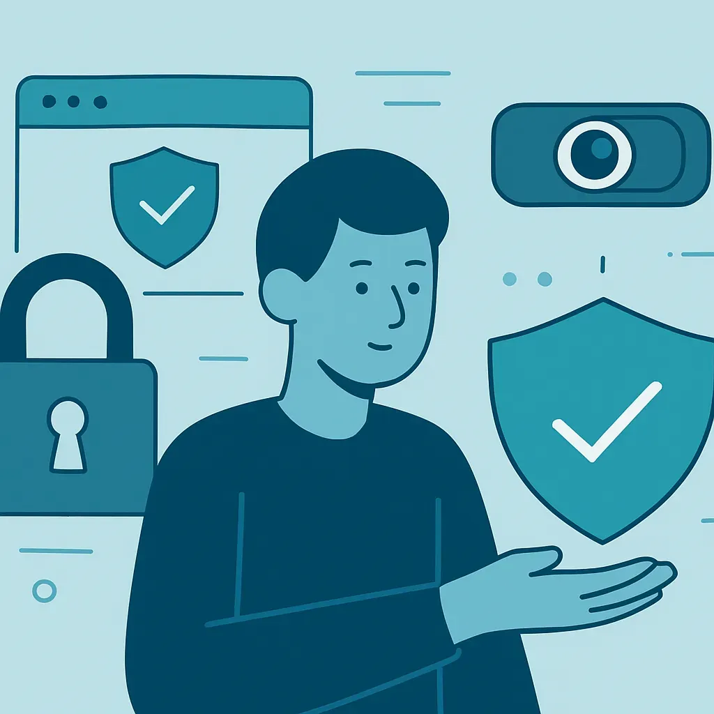 Person securing personal data and covering a webcam
