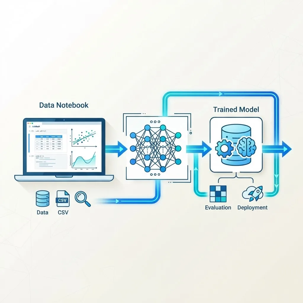 Data science workflow with charts and a neural network diagram