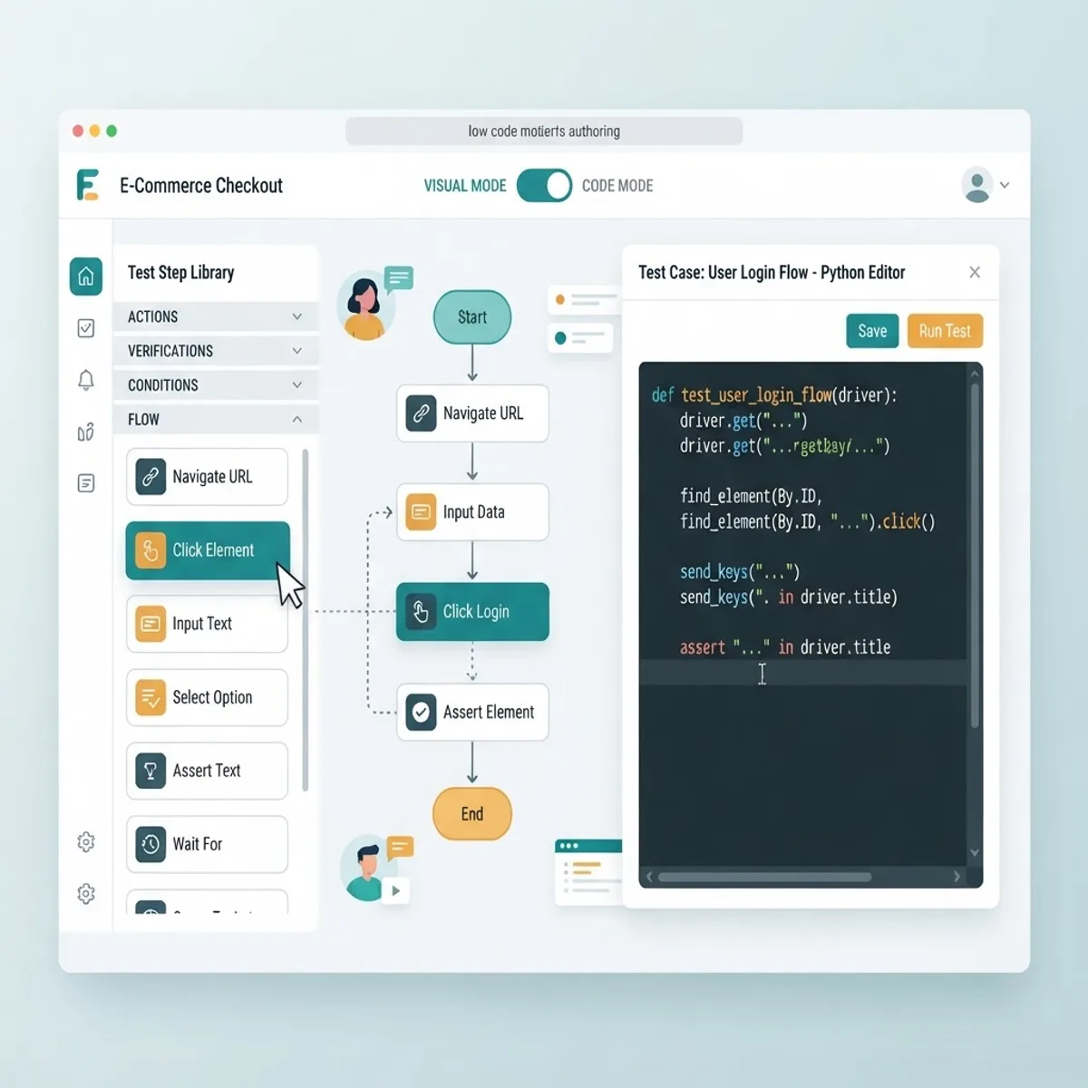 Low-code and code-based test authoring in PythonQA