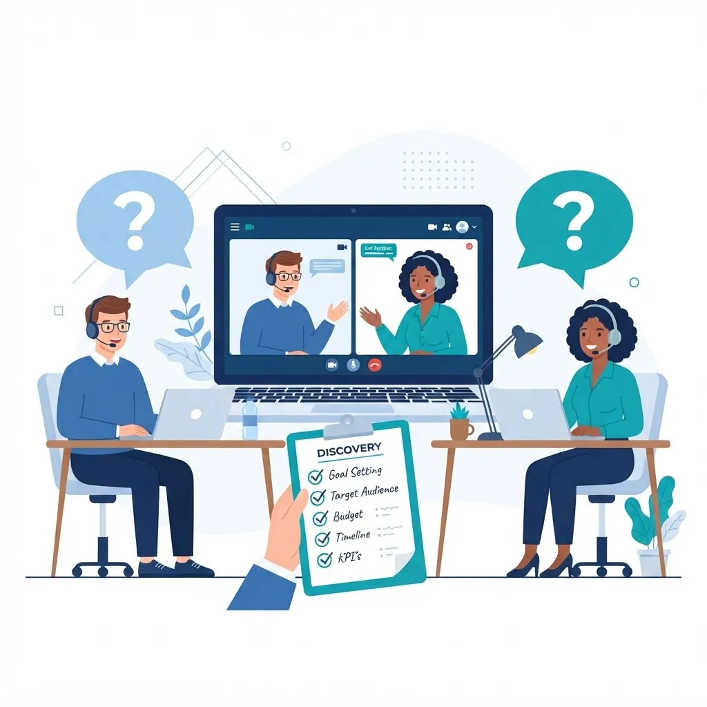 Discovery call between a business owner and digital marketing agency with key questions