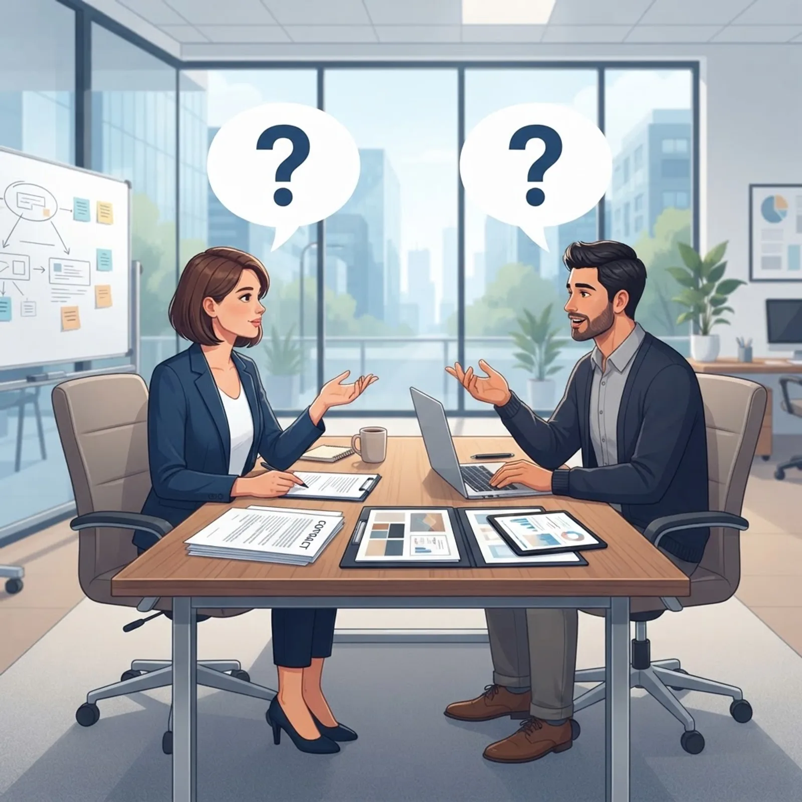 Client asking questions of a web development agency across a table