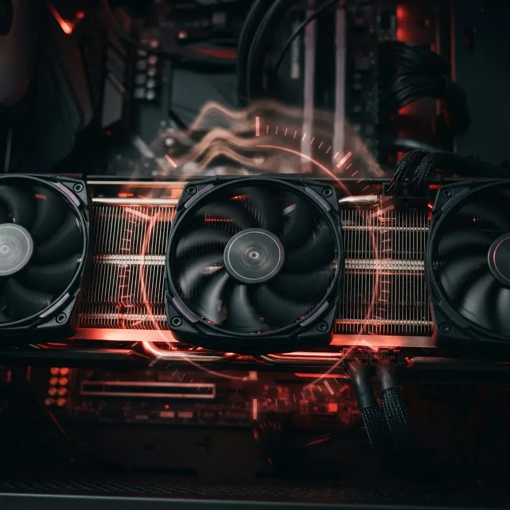Graphics card cooler close-up with thermal monitoring concept