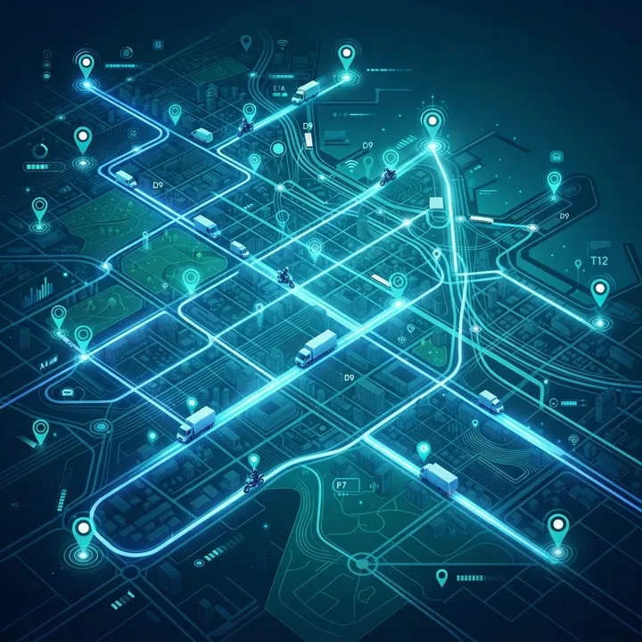 Real time location tracking with AI showing vehicle routes on a digital map