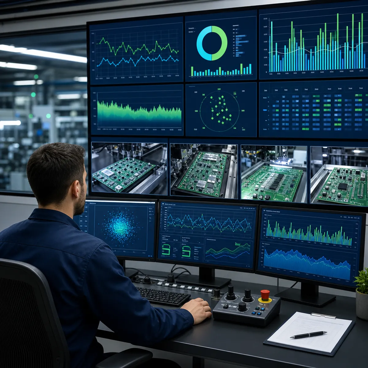 Real-time quality control dashboard for PCB manufacturing with yield and defect graphs