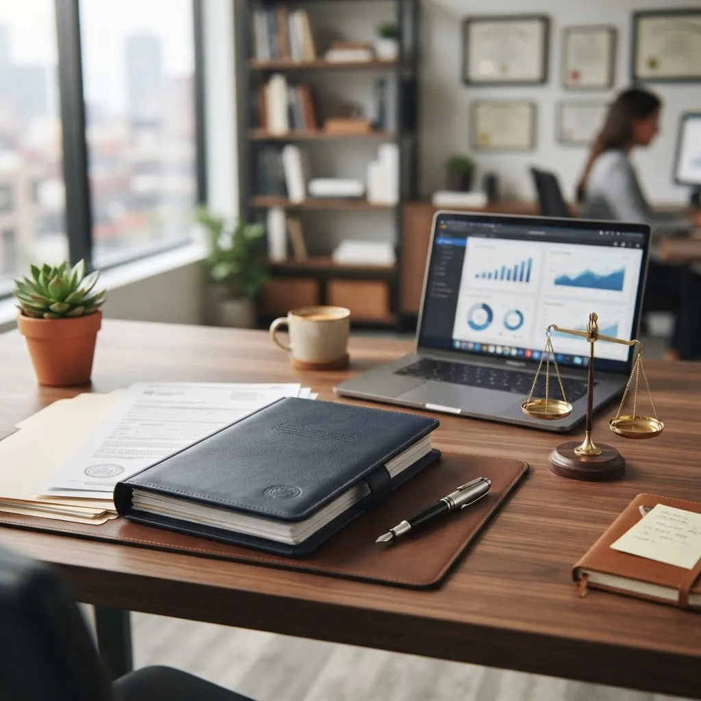Business registration documents, pen, and laptop arranged on a professional desk