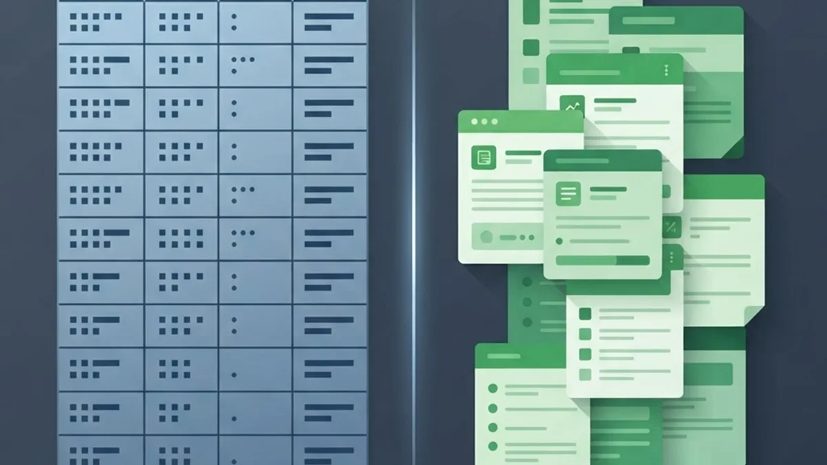 Comparison graphic contrasting rigid relational tables with flexible document cards