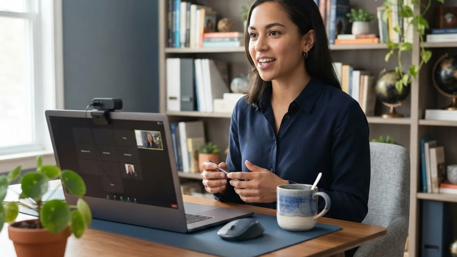 Remote SEO candidate in a video interview from a home office