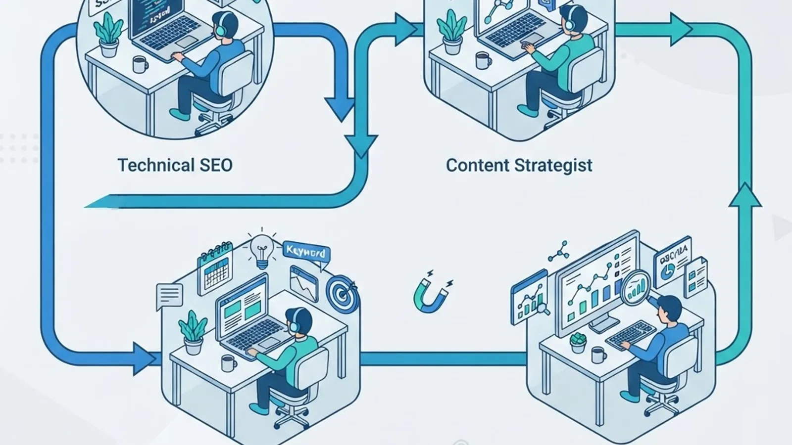 Illustration of four remote SEO job roles connected in a workflow